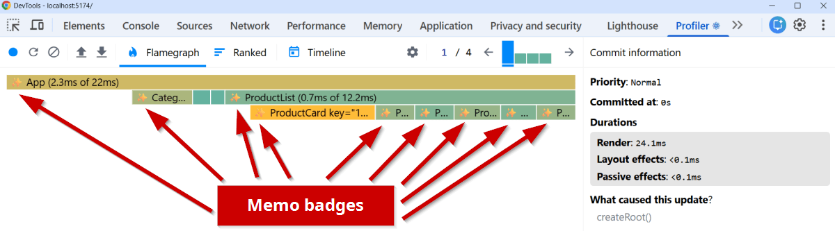 Memo badges added by React Compiler in the Profiler tab of React Developer Tools, first commit