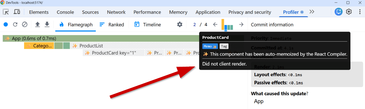 Memo badges added by React Compiler in the Profiler tab of React Developer Tools, second commit