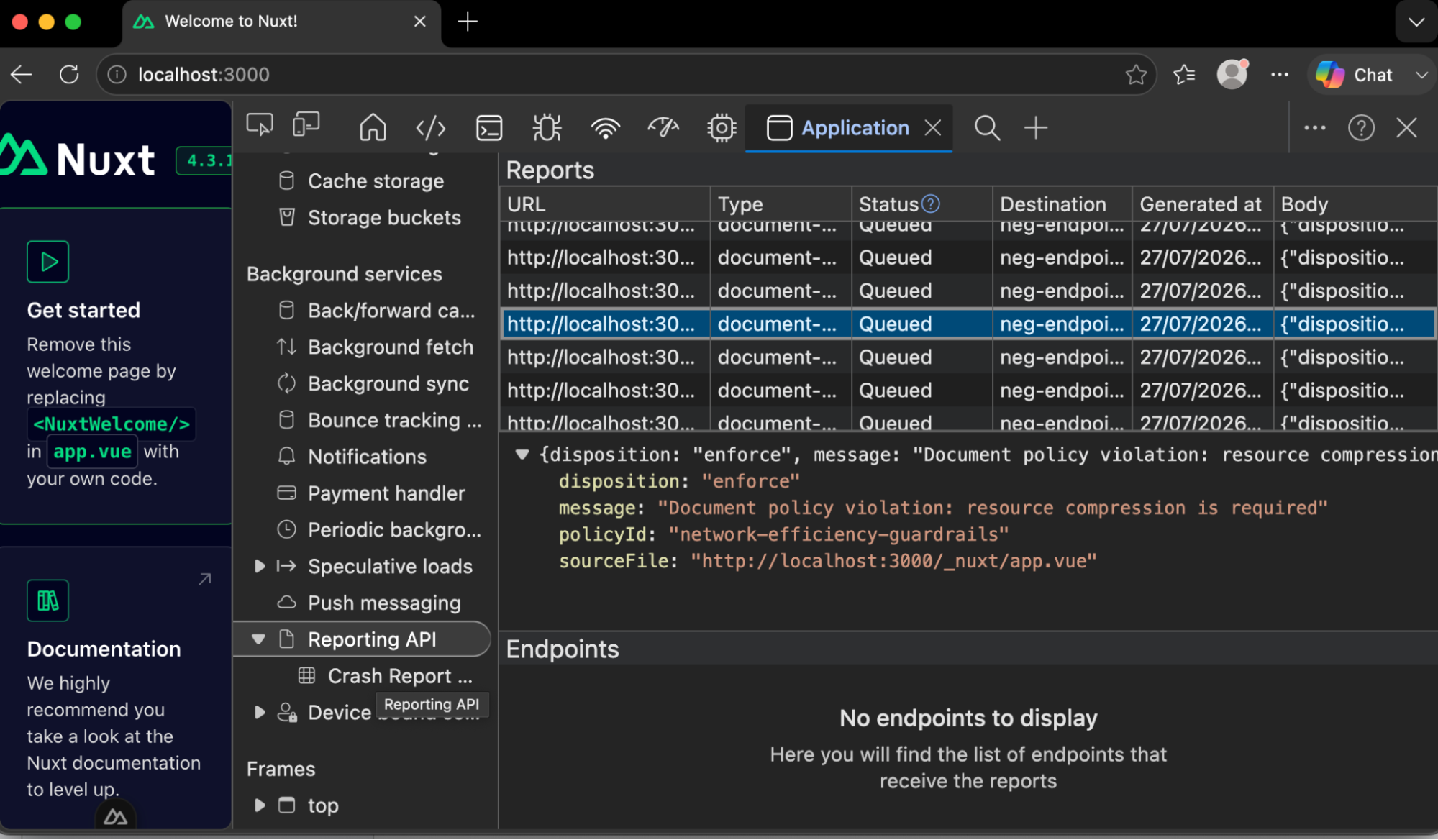 Network Efficiency Guardrail reports in the Application panel Reporting API view