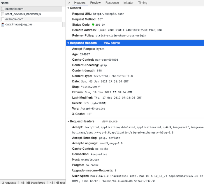 DevTools network details showing request and response headers
