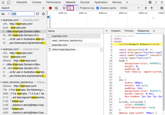 Full-text search in Chrome DevTools
