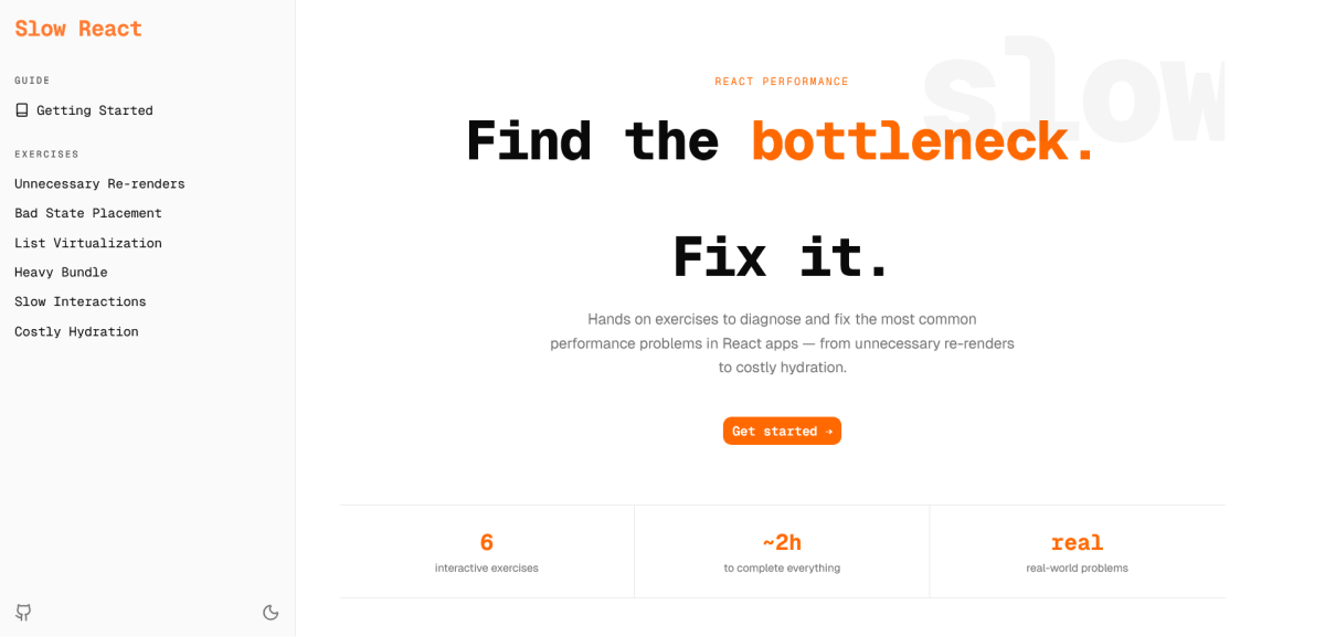 Slow React community resource to practice how to optimize React performance