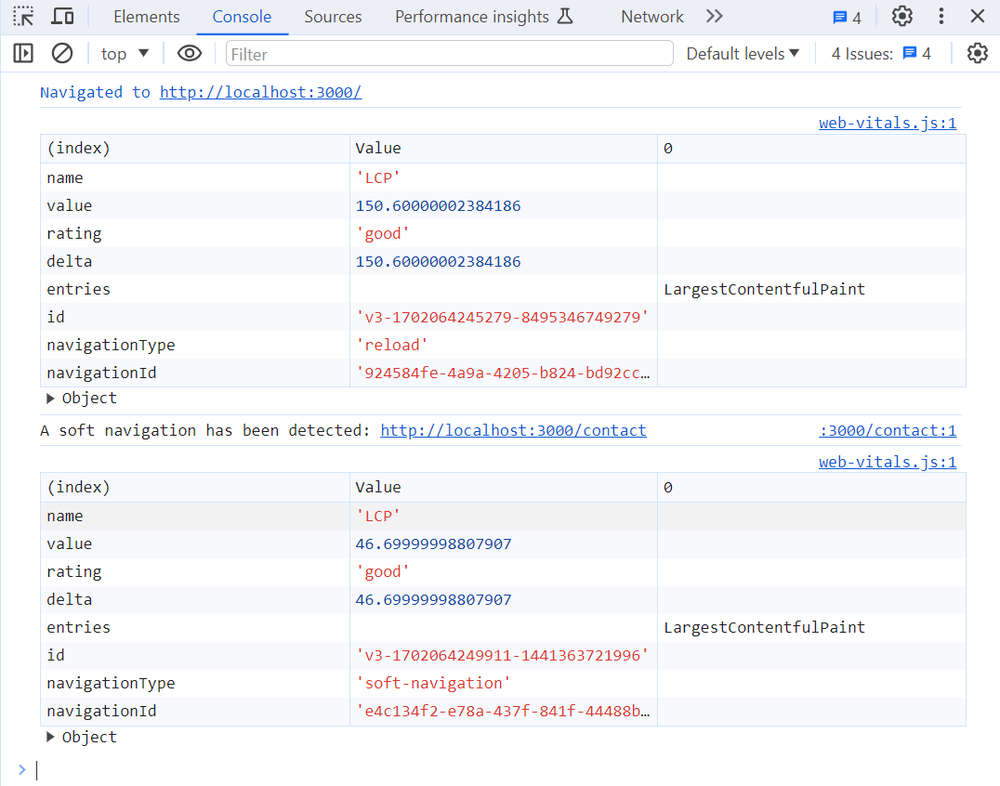 LCP reports for hard vs soft navigations in the Console, examples