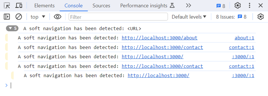 Examples of soft navigation notices in the console