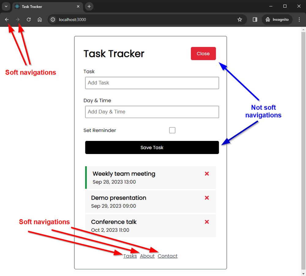 Examples of soft navigation notices in the console in Google Chrome