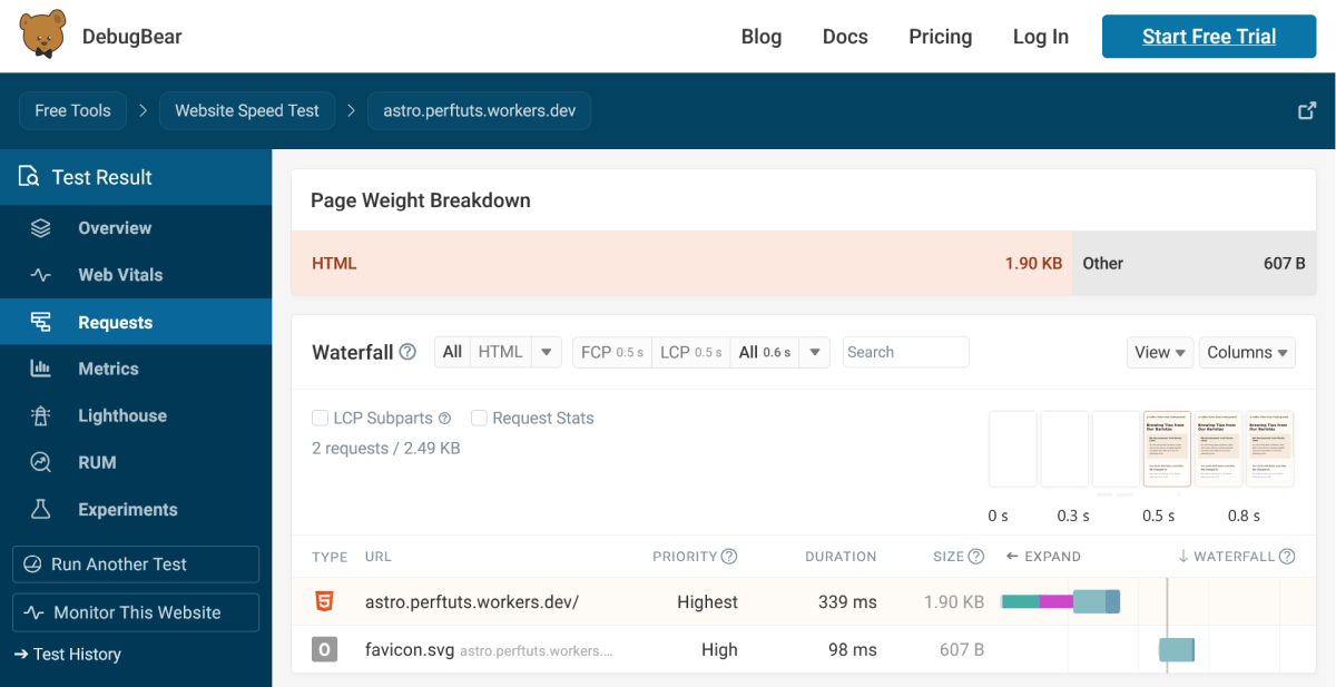 Homepage mobile speed test results, request waterfall chart showing two HTTP requests for one HTML and one SVG files