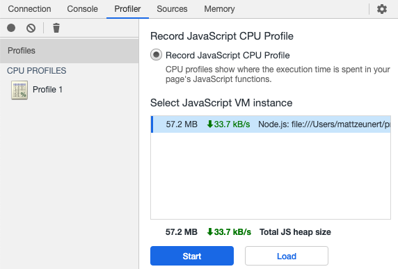 Profiler tab of Chrome DevTools for Node