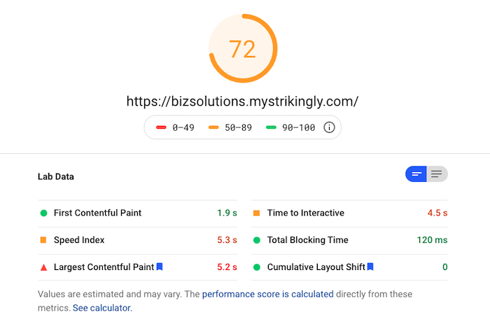 Strikingly PageSpeed Insights score