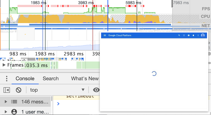 DevTools CPU timeline showing a large amount of JavaScript work