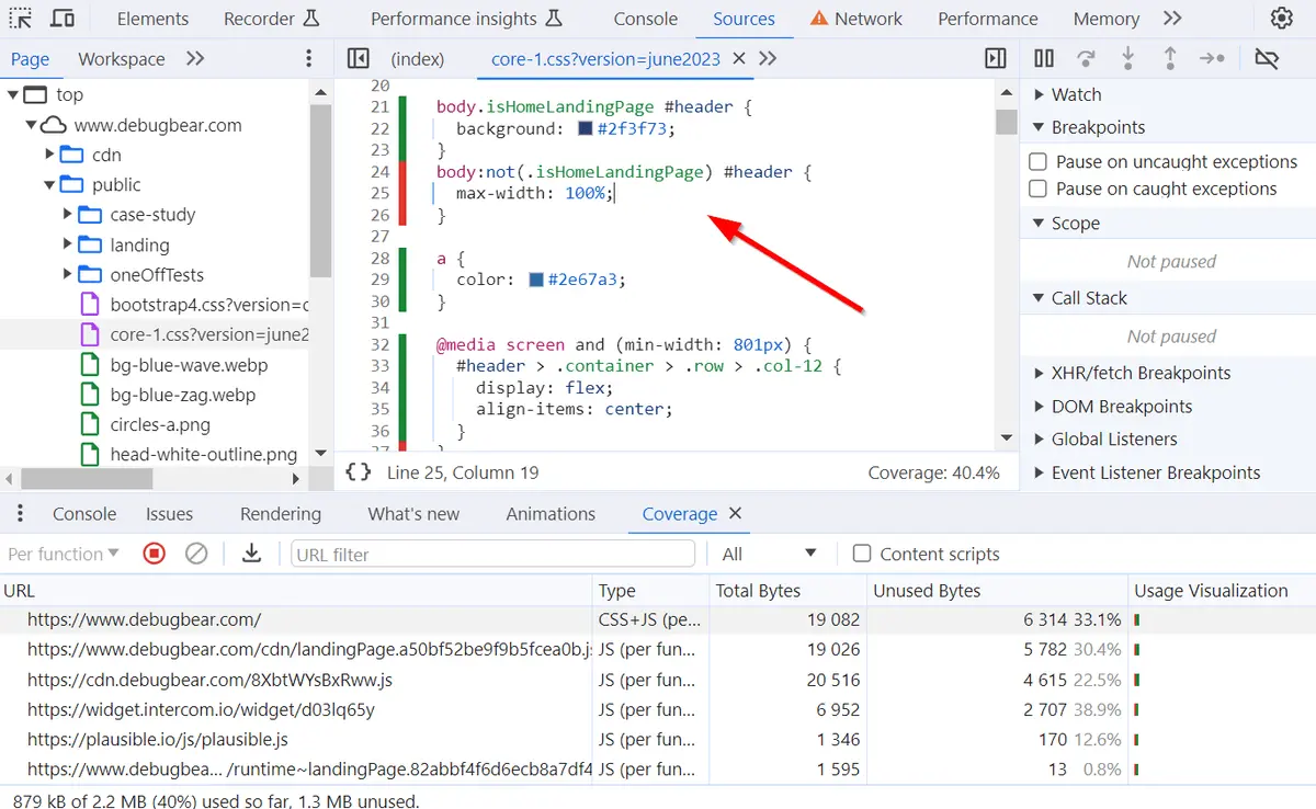 Chrome DevTools with the Sources and Coverage panes open, showing code usage of our main CSS file line by line