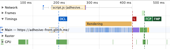 Screenshot showing user timings in the the Performance tab of Chrome DevTools