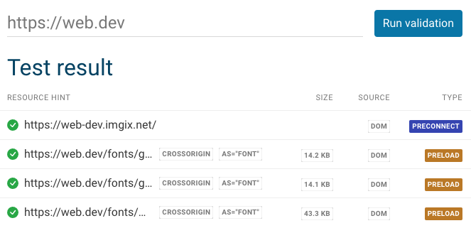 Browser resource hint validator