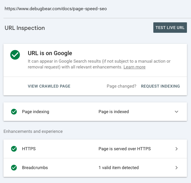 Google Search Console - URL inspection