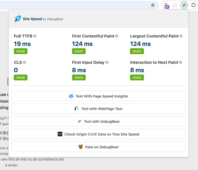 Site Speed extension popup showing Core Web Vitals for the current page and a button to test it with PageSpeed Insights