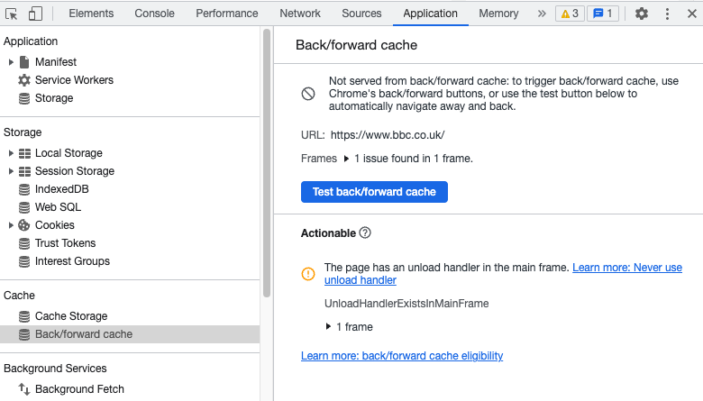 Chrome DevTools showing a site that needs to be changed to support the back/forward cache