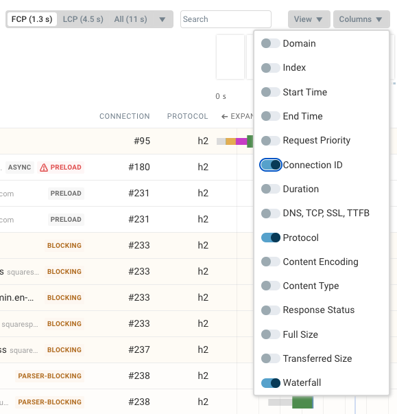 Request waterfall showing connection ID and protocol name