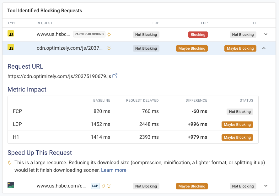 Website bottleneck finder result