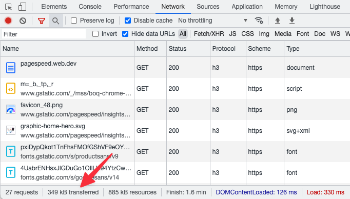 Page weight in Chrome DevTools