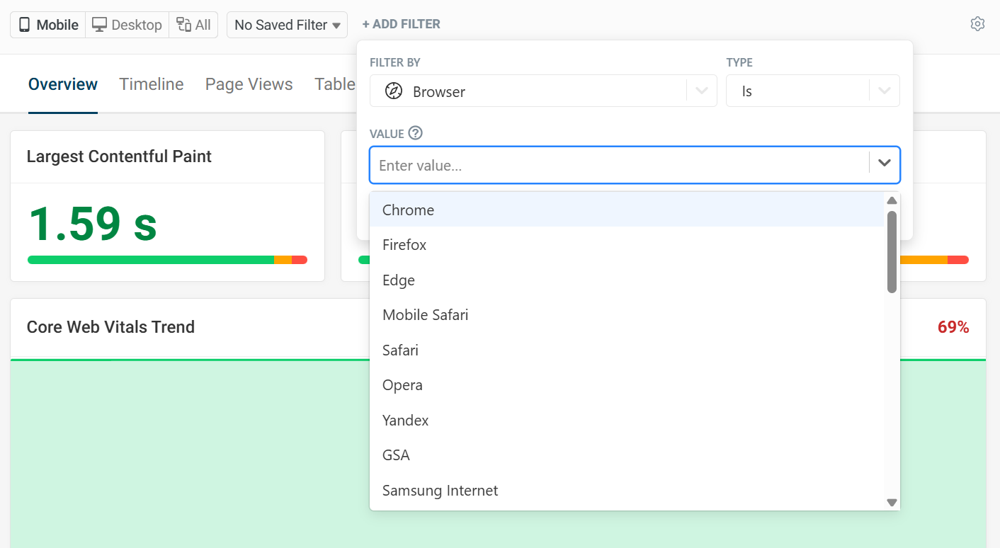 Select filter type and value