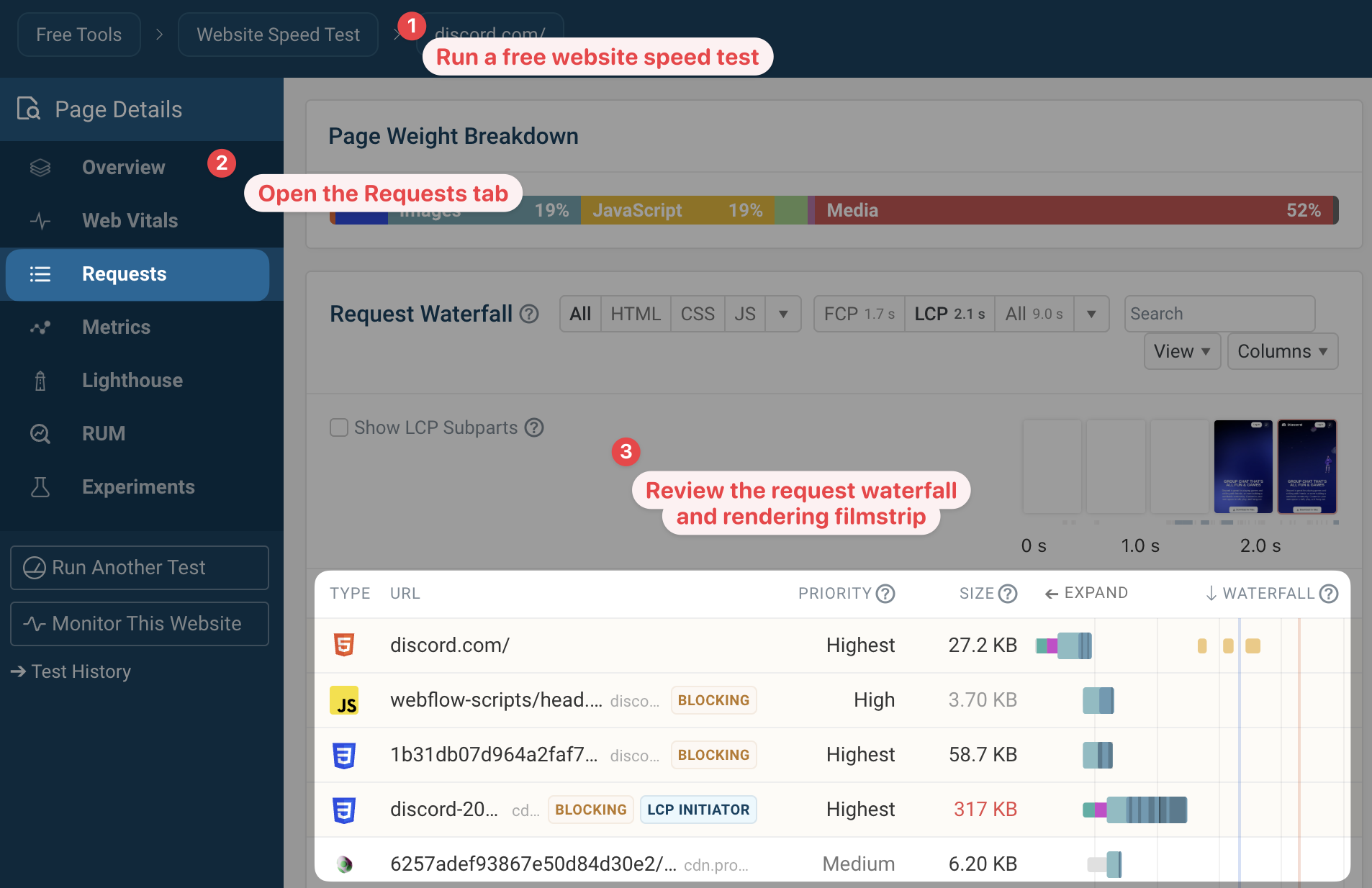 Request waterfall in the DebugBear speed test
