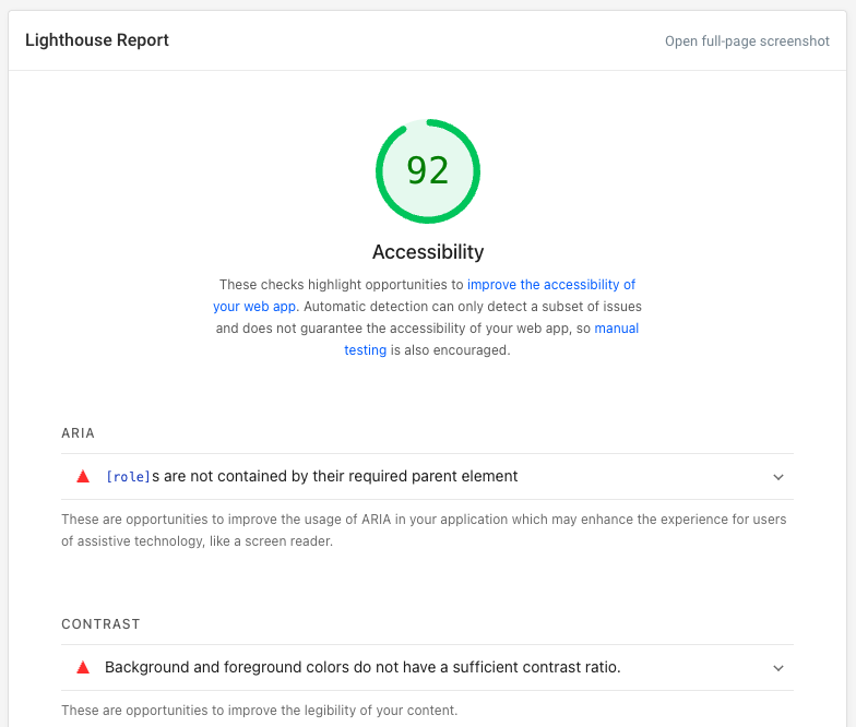 Lighthouse accessibility result