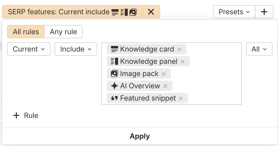 Filtering keywords for those that contain image-based SERP features in Ahrefs