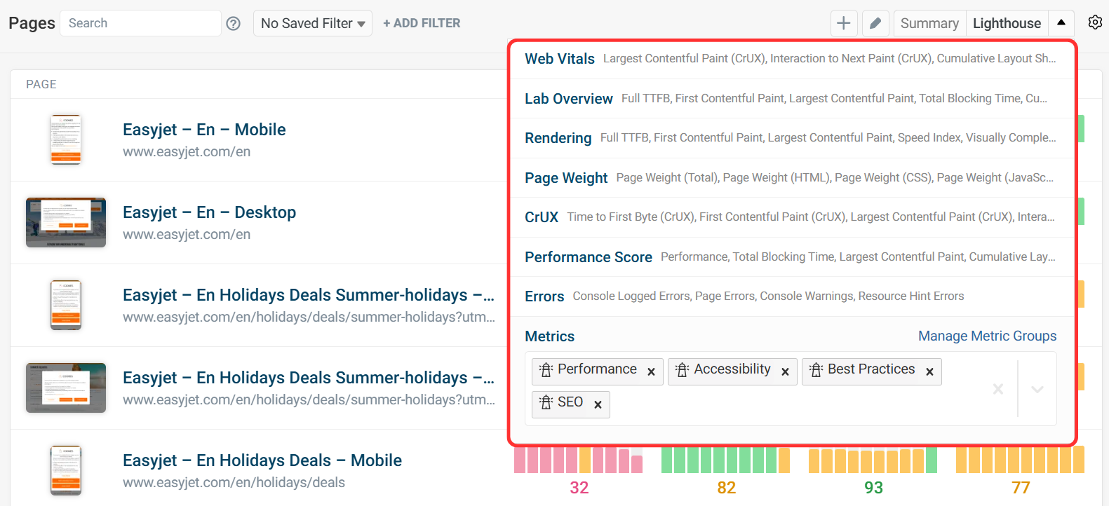 Dashboard View of Metric Groups Menu in DebugBear