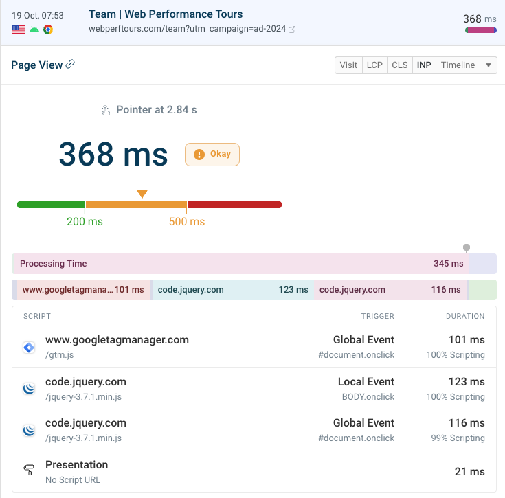 INP delay on a website from script evaluation