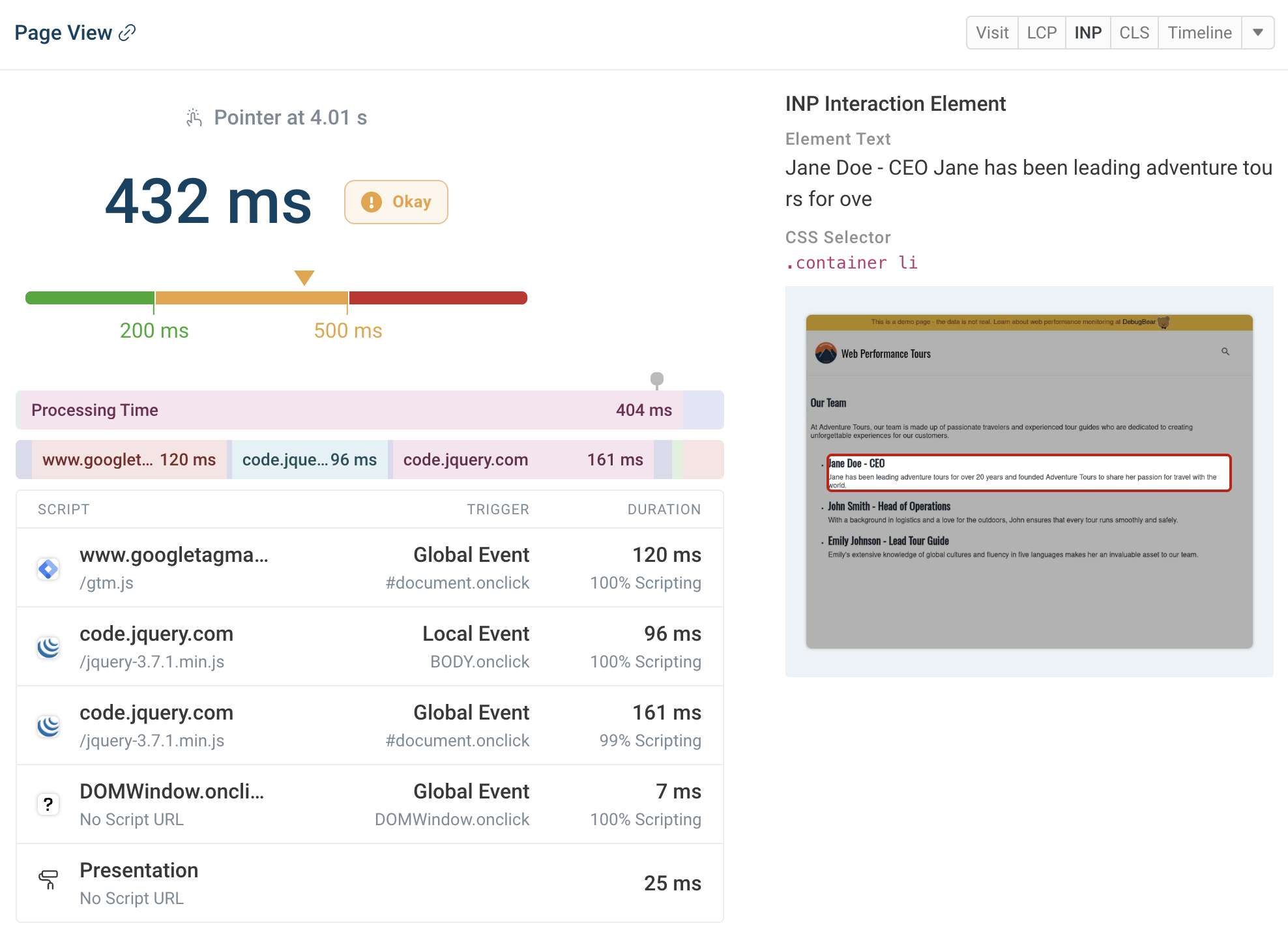 INP script attribution for a page view