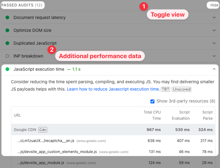 View passed audits on PageSpeed Insights