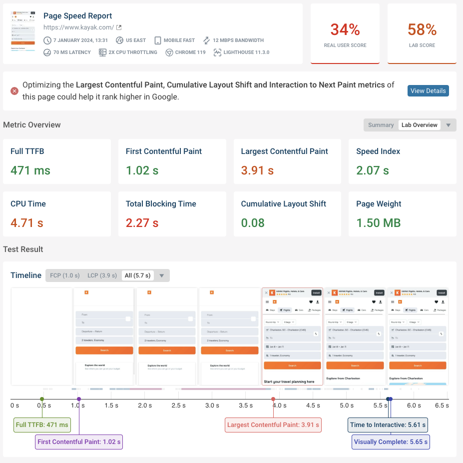 Lab-based page speed test