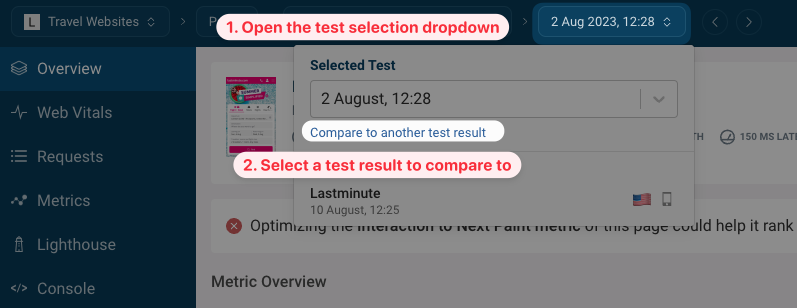 Test result dropdown
