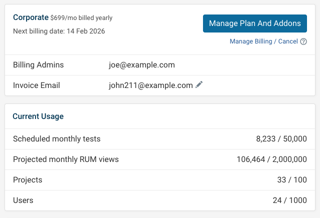 Button to manage plans and addons