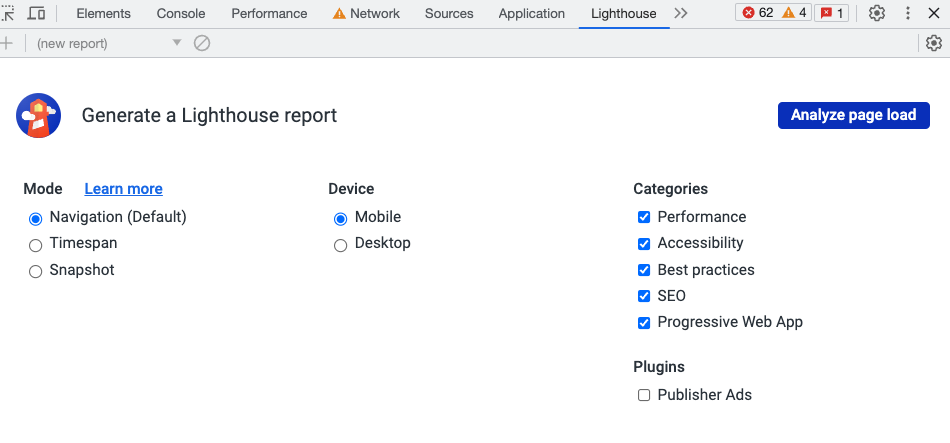 Running Lighthouse from Chrome DevTools