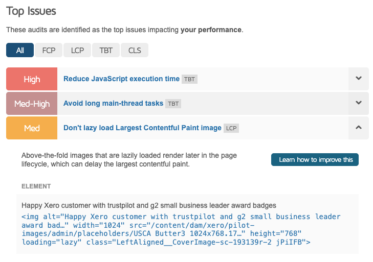 Top issues in GTmetrix