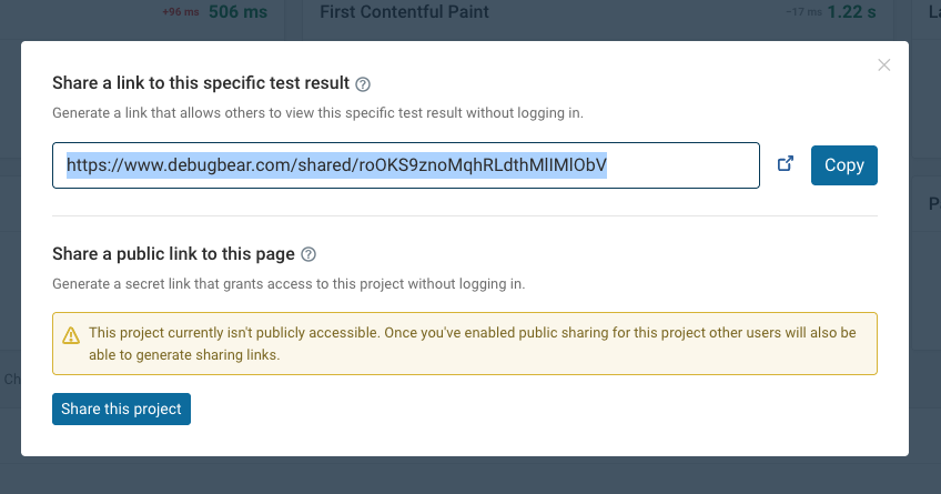 Test result share dialog