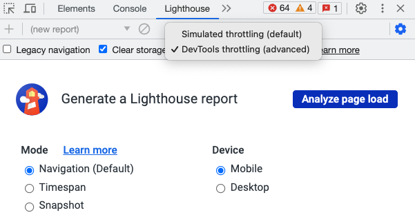 DevTools throttling options