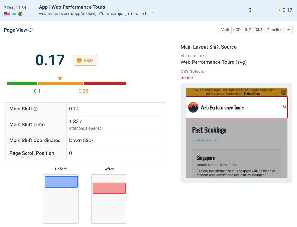 DebugBear CLS details