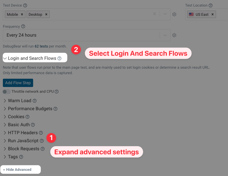Edit monitored page form, login steps are expanded
