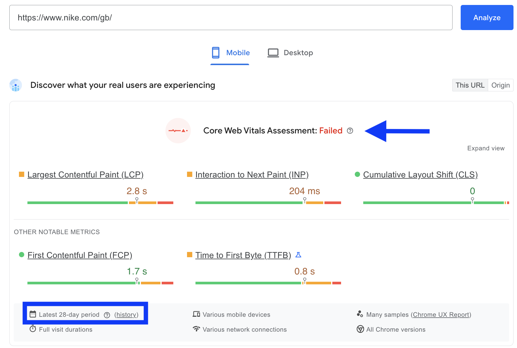 PageSpeed Insights test result