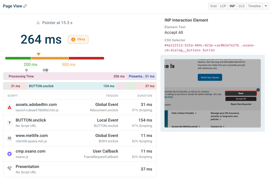 DebugBear RUM individual page view INP data