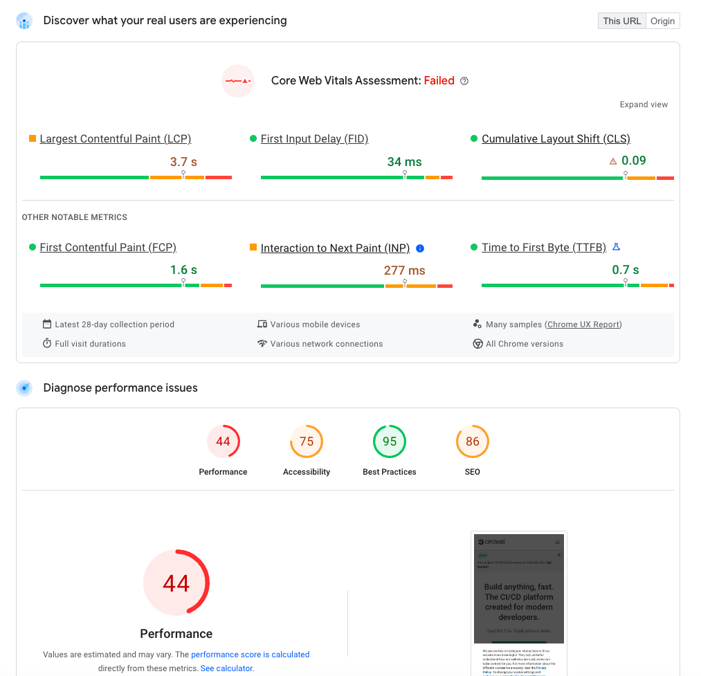 Lighthouse report on PageSpeed Insights