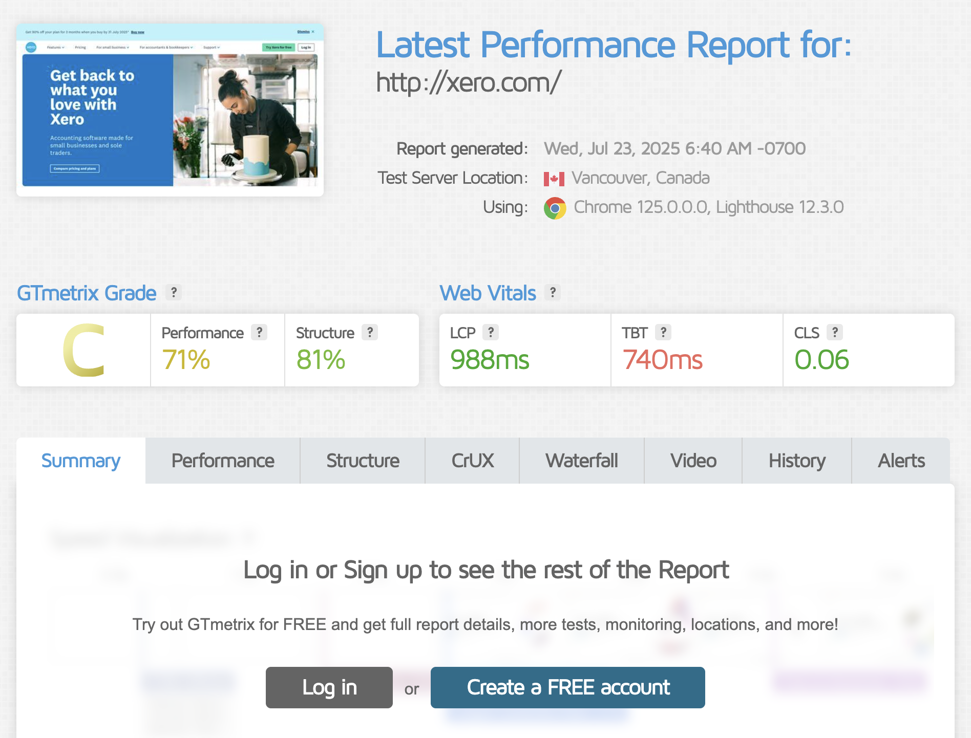 GTmetrix free speed test result