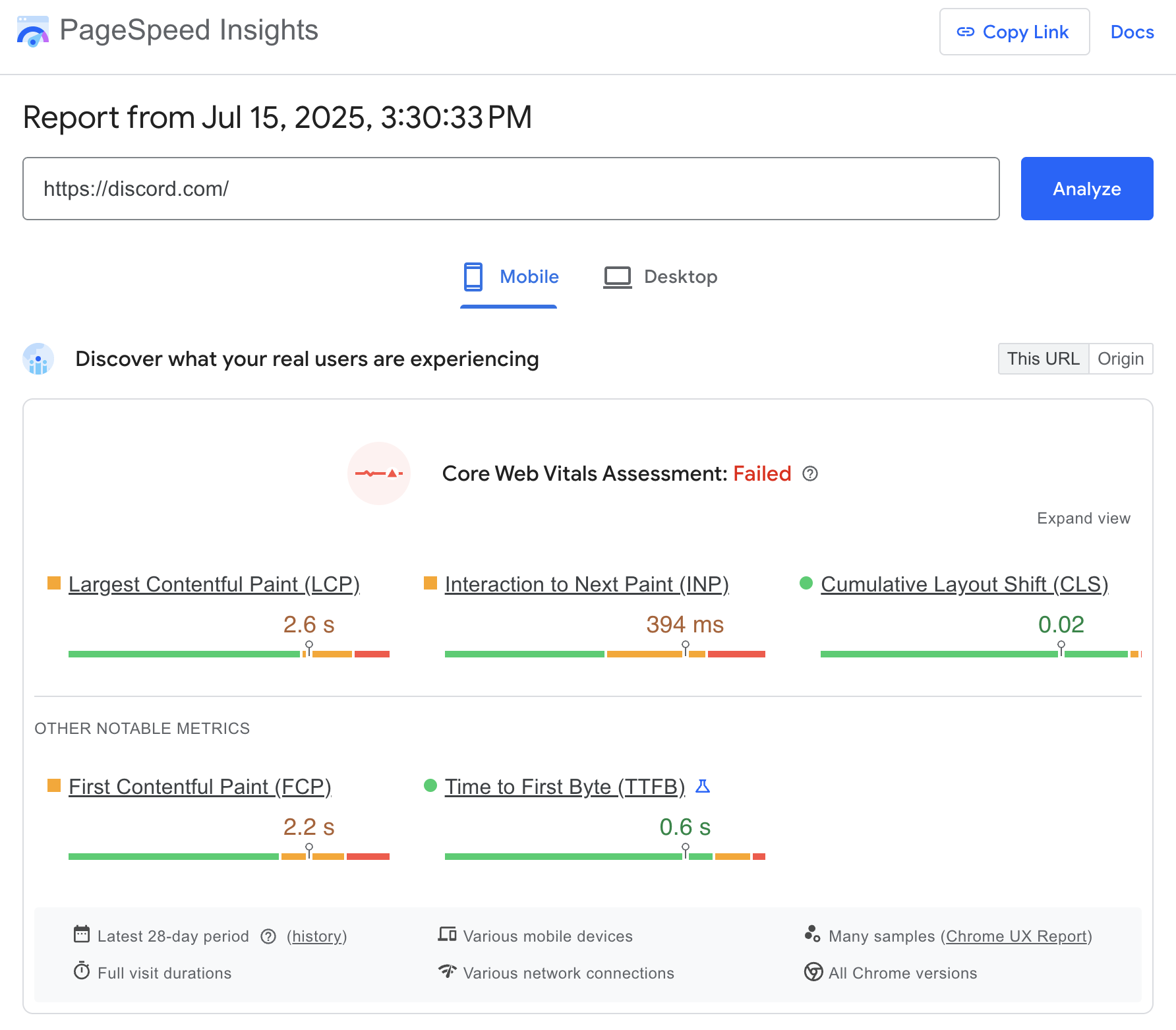 Core Web Vitals data in Google's Page Speed Insights