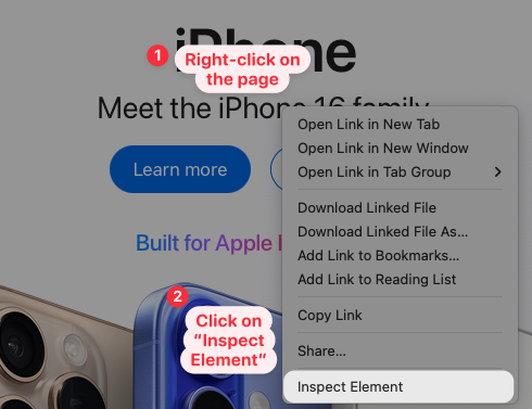 Open Safari DevTools with via Inspect element