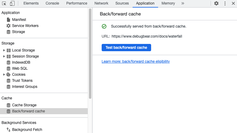 Chrome DevTools showing a site that’s eligible for the back/forward cache