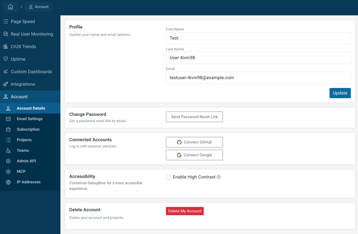The DebugBear Account Details page