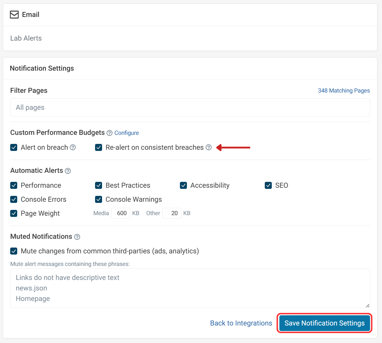 Lab alerts settings