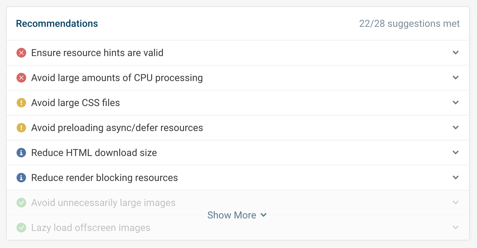 List of performance recommendations for a website
