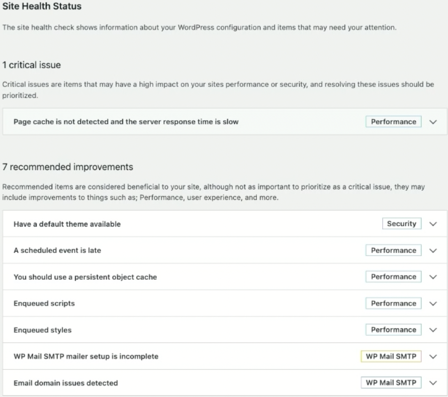 WordPress Site Health status